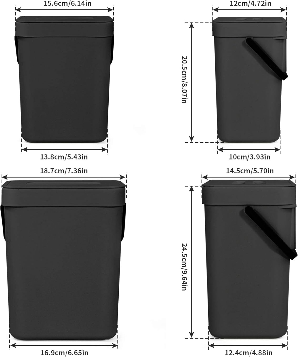 Domiella 2 Pack Hanging Small Trash Can with Lid (1.3 + 0.8 Gal), Kitchen Compost Bin for Countertop or Under Sink, Mountable Food Waste Bin for Cabinet, Bathroom, or RV Use (Black)