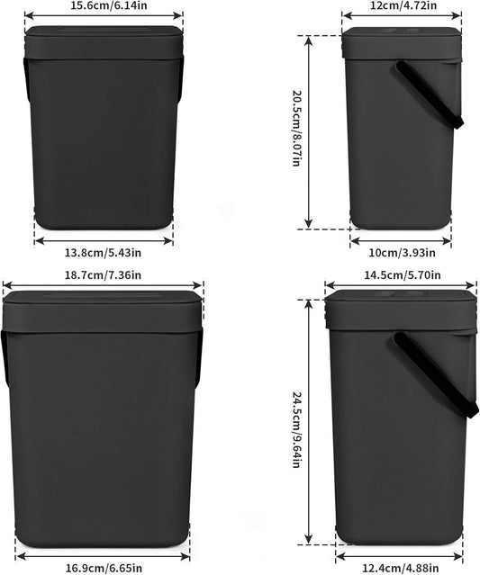 Domiella 2 Pack Hanging Small Trash Can with Lid (1.3 + 0.8 Gal), Kitchen Compost Bin for Countertop or Under Sink, Mountable Food Waste Bin for Cabinet, Bathroom, or RV Use (Black)