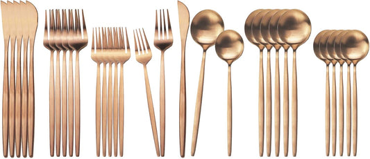 JASHII Flatware Silverware Set Stainless Steel Satin Finish Cutlery Set Service for 6, 30-Piece Spoons And Forks Kitchen Utensil Set, Dishwasher Safe (Matte Rose Gold)