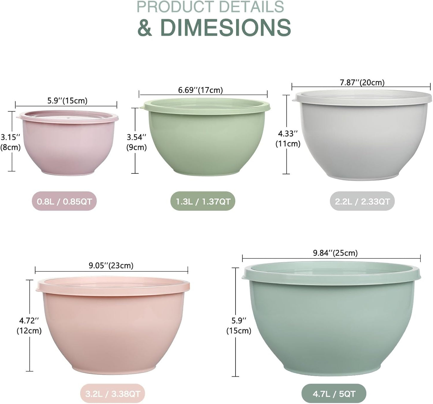 5-Piece Plastic Mixing Bowls with Lids Set for Kitchen, Nesting Bowls for Mixing, Baking, Prepping, Cooking and Serving Food, Mixing Bowls Dishwasher, Microwave Safe(5 Set-Pink)