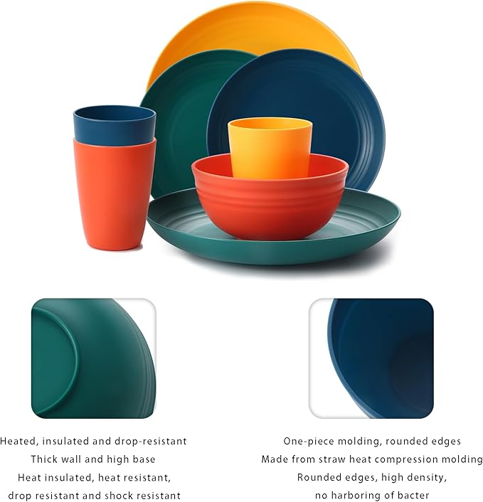 Lazycorner 32Pcs Kitchen Wheat Straw Dinnerware Set, Service for 8, Plastic Reuasble Dinner Dishes Serving Plate Set for Kitchen, Including Dinner Plate, Dessert Plate, Bowl, Cup(Multicolor)