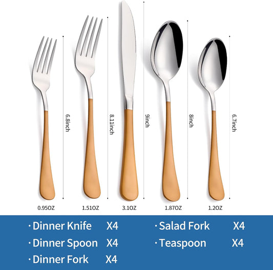 20-Piece Orange Silverware Set, 18/0 Stainless Steel Orange Handle Flatware Set, Service for 4, Modern Cutlery Set Includes Dinner Knives Forks Spoons, Mirror Polished, Dishwasher Safe
