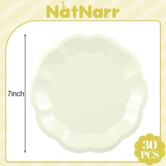 30pcs Thanksgiving Paper Plates 7 Inch Ivory Scalloped Paper Plates Disposable Cream Dessert Cake Plate for Thanksgiving, Friendsgiving, Weeding, Birthday, Baby Shower