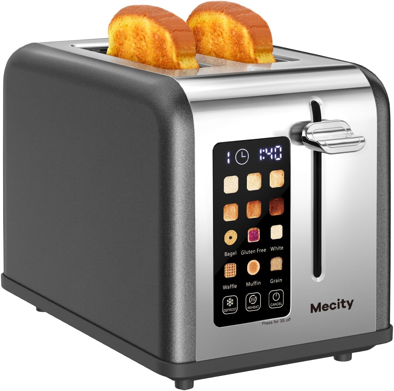 Mecity 2 Slice Touch Screen Toaster, 1.5" Wide Slot, Stainless Steel Smart Toaster for Bagels, Muffins, Waffles, Gluten-Free Breads, Defrost, Reheat, Timer, 120V 825W, Grey Pearl
