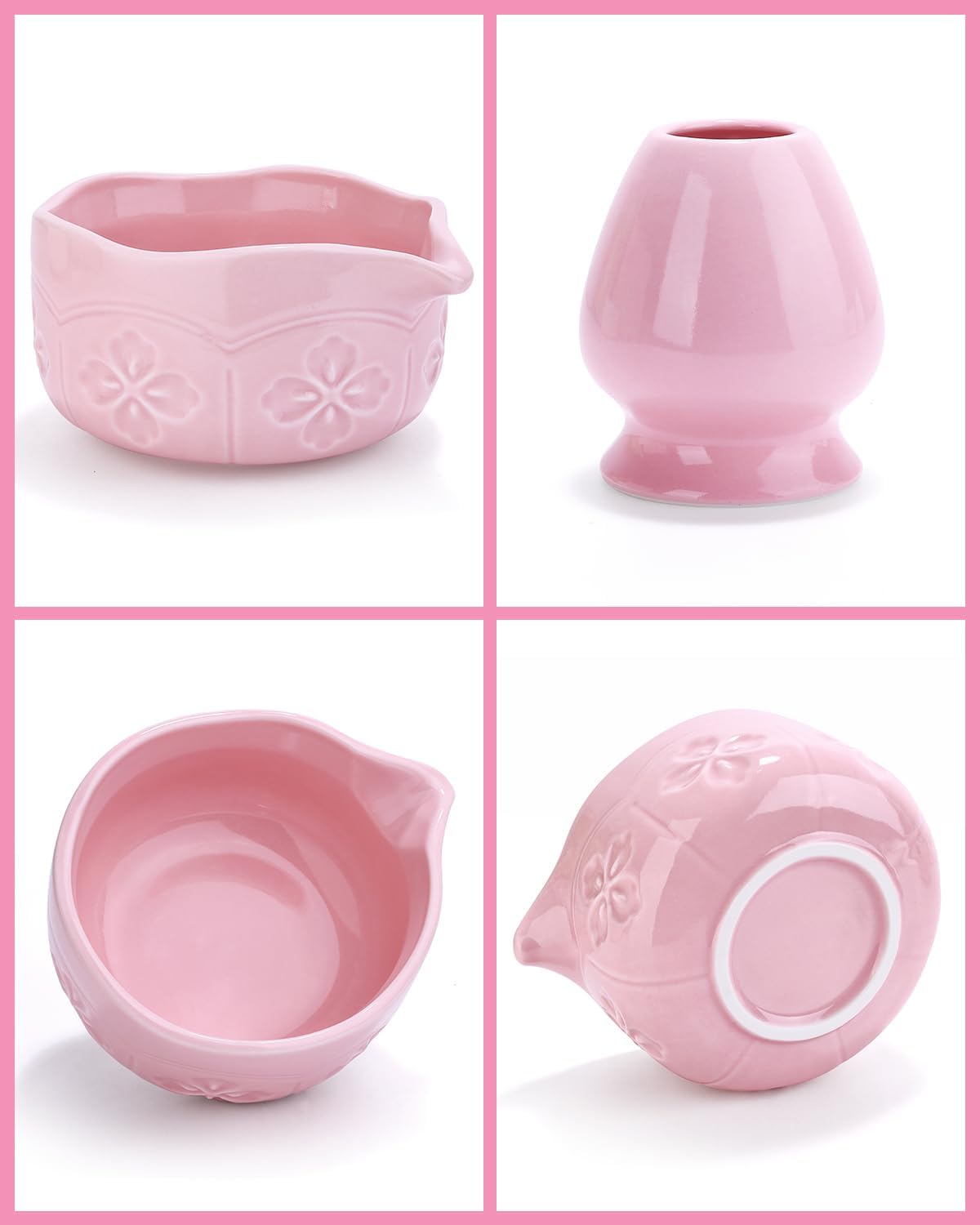Matcha Whisk Set, Ceramic Matcha Set Includes Matcha Bowl with Spout, Matcha Whisk and Holder (Pink, 3Pcs/set)