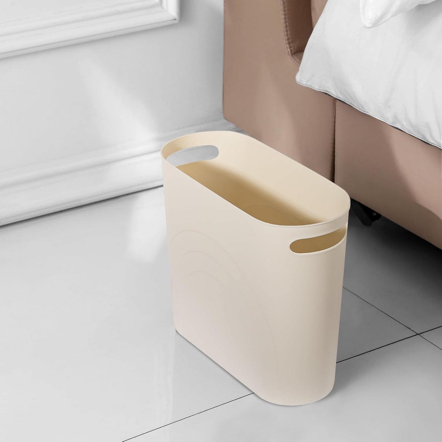 rejomiik Small Trash Can, 3.5 Gallon Slim Garbage Can Plastic Waste Basket with Handles Container Bin for Narrow Spaces Bathroom, Bedroom, Kitchen, Office at Home, Cream