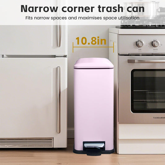 12 Gallon Slim Stainless Steel Trash Can with Soft-Close Lid & Removable Inner Bucket, Fingerprint-Proof, Odor-Controlled Pedal Garbage Can 45 Liter,Kitchen Bathroom & Office, Pink