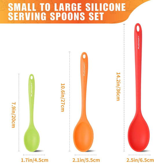 3 Pcs Silicone Spoons Set of 7.9 10.6 14.2 inch for Cooking, Heat Resistant Kitchen Spoons for Mixing, Stirring, and Serving, Small to Large Non Stick (Red & Orange & Green)