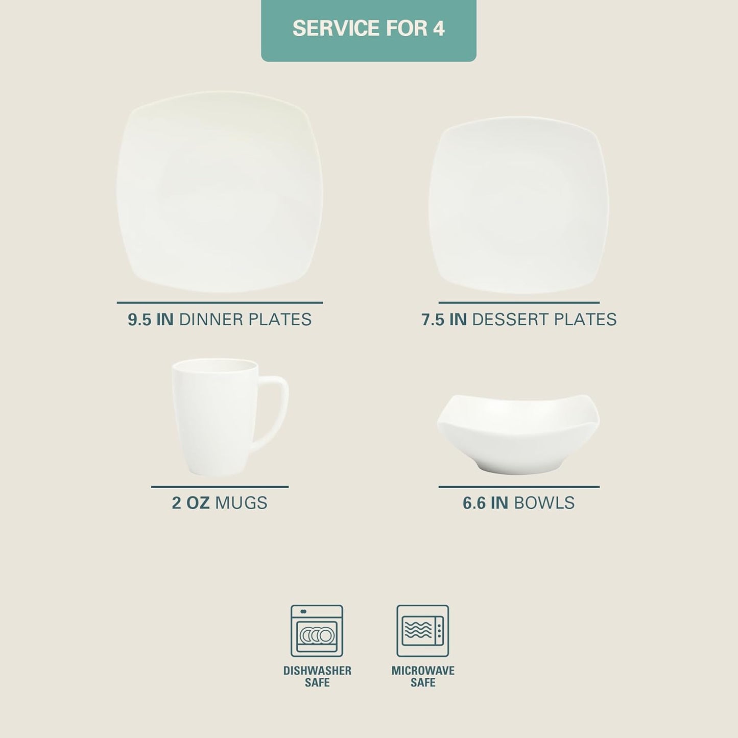 Gibson Home Zen Buffet Porcelain Chip and Scratch Resistant Dinnerware Plates, Bowls, and Mugs Set, Service for 4 (16pcs), White (Square Dishes)