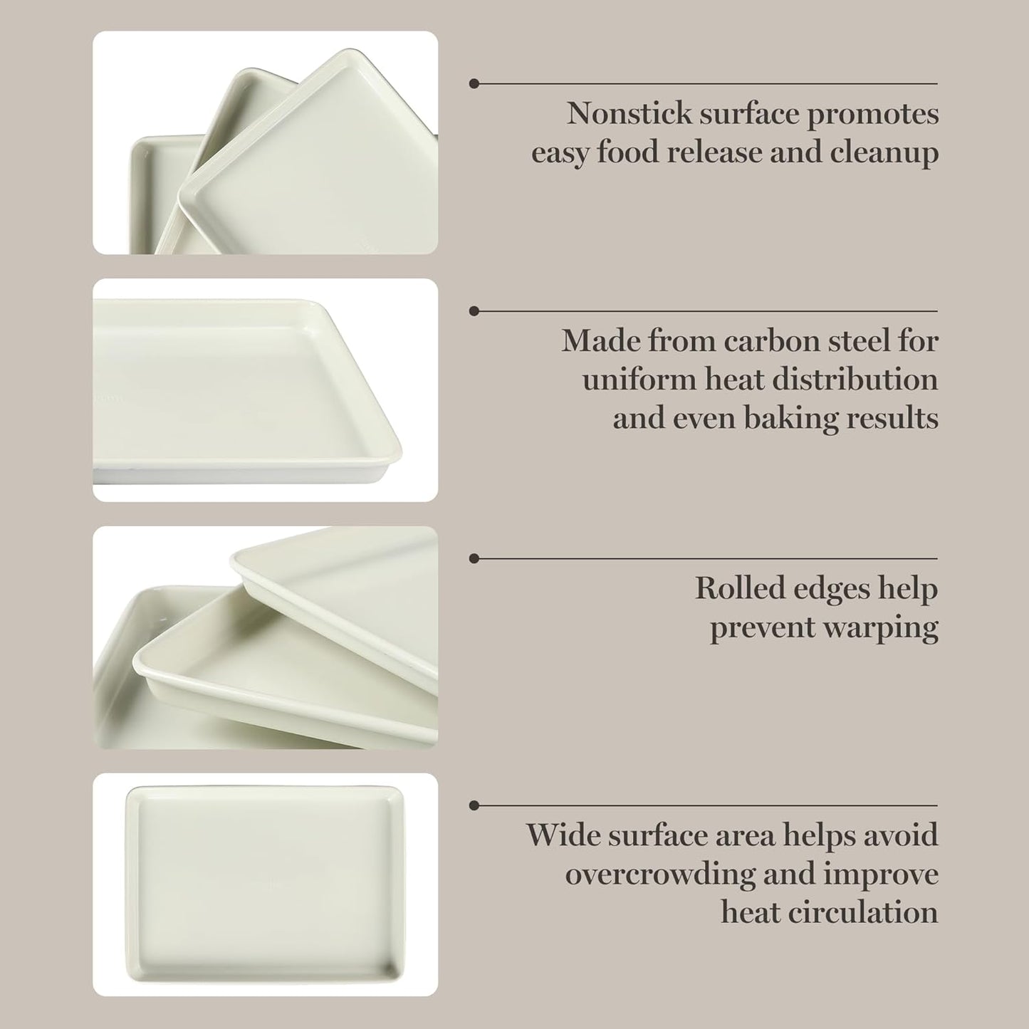 Martha Stewart Gallen 3-Piece Cookie Sheet Set – 13", 15", 17" Baking Pans, Ceramic Nonstick, PFA-Free, Carbon Steel – Oven Safe to 450°F, Warp-Resistant, Easy to Clean - Linen White