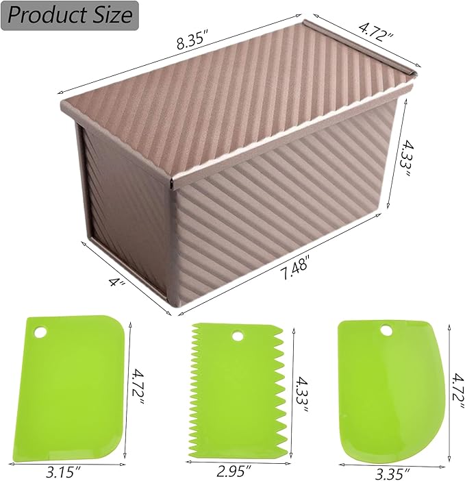 Pullman Loaf Pan with Lid, 1Pound Dough Capacity Rectangular Bread Pan, Non-Stick Long Bread Pans for Homemade Bread, 9x4inch Pullman Loaf Pan with Dough Scraper Cutter for Sandwich Bread