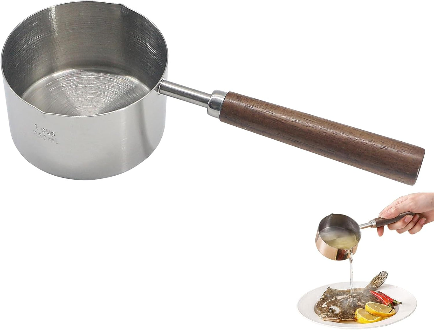 Mini Sauce Pan Cooking Pot with Wooden Handle, Stainless Steel Small Milk Pan and Butter Warmer, with pour spout,250ml