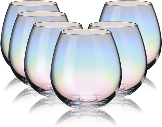 CUKBLESS Stemless Wine Glasses Set of 6, Iridescent Wine Glass for Red or White Wine, 15 oz, for Birthdays,weddings,Anniversaries