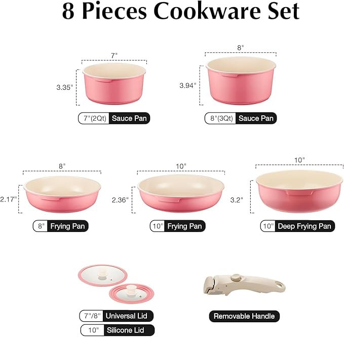 IKTU Ceramic Pots and Pans Set Non Stick Pink, 19 Pcs Nonstick Cookware Set with Detachable Handle RV Camping Induction Kitchen Cookware Set Non Stick, PFAS PFOA & PTFE Free