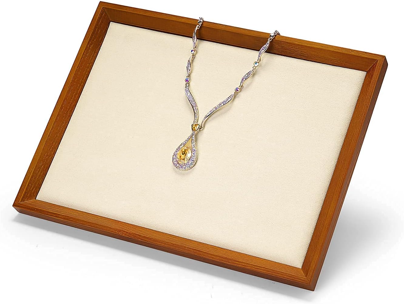 Oirlv Solid Wood Flat Jewelry Tray, Rectangle Jewelry Display Tray, Drawer Dresser or Nightstand Organizer, Microfiber Valet Plate, Catchall Plate(Creamy-White, Large)