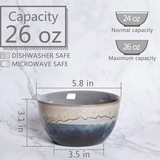 Bosmarlin Stoneware Cereal Bowls Set of 4, 26 Oz, Soup Bowls for Oatmeal, Salad, Dishwasher and Microwave Safe, Reactive Glaze (26 Oz, Grey)
