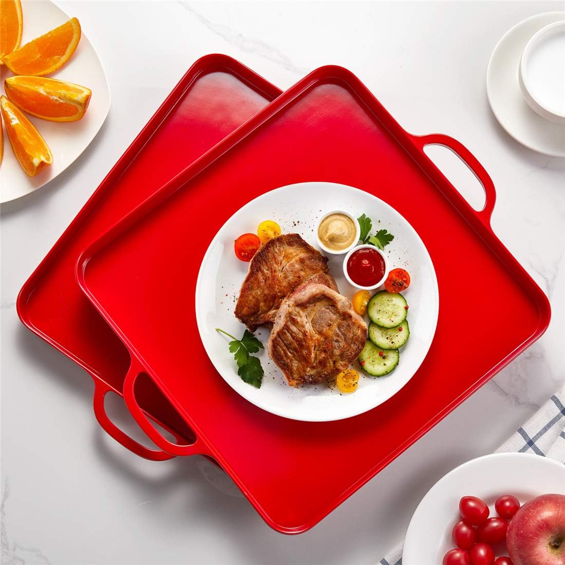 Square Serving Trays with Handles Melamine Red 12.5x12.5 Inch Spill Proof Kitchen Eating Trays Set of 2 for Cafeteria Cafe Food Appeizer Dessert Snack Dinner Lunch Breakfast,TR17-02