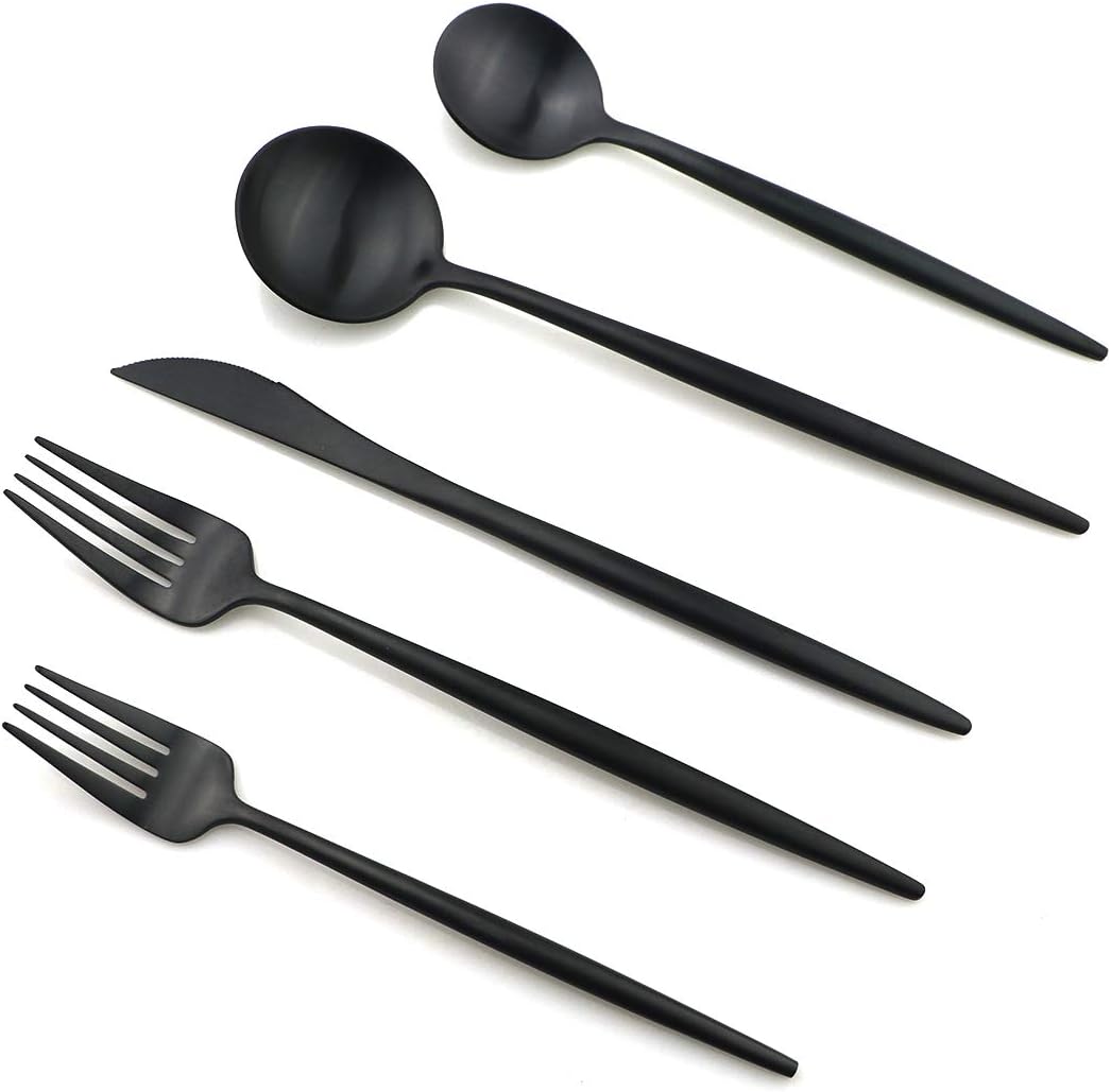 Gugrida 20-Piece Matte Black Flatware Set, 18/10 Stainless Steel, Includes Dinner Knife, Spoon, Fork, Salad Fork, Dessert Spoon, Straw, Dishwasher Safe, Modern Style