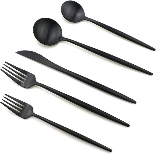 Gugrida 20-Piece Matte Black Flatware Set, 18/10 Stainless Steel, Includes Dinner Knife, Spoon, Fork, Salad Fork, Dessert Spoon, Straw, Dishwasher Safe, Modern Style