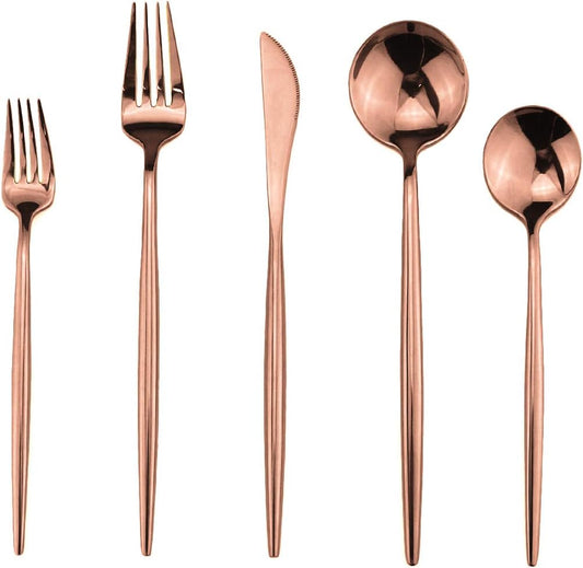 Portable Silverware Set - 5-Piece Flatware Cutlery Set - 18/10 Stainless Steel - Mirror Polishing Rose Gold - Travel Elegant Modern Utensils - Service for 1 Include Steak Knife Dinner Fork Spoon