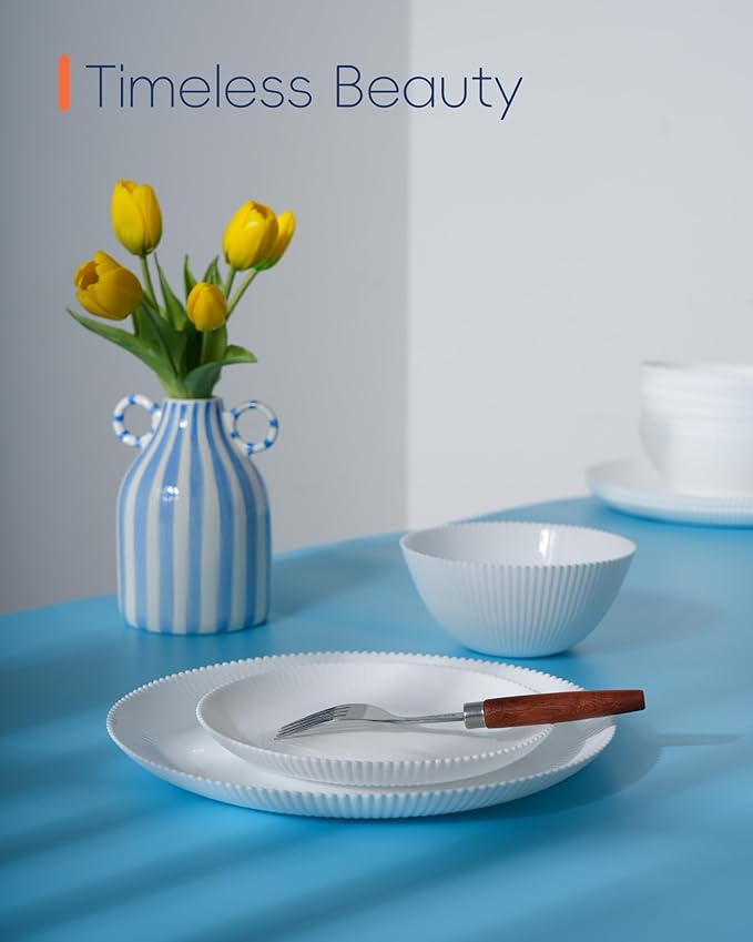 Dinnerware Sets for 4, 12 Pieces Opal Glass Plates and Bowls Set, Dishwasher and Microwave Safe Ribbed Dish Dinning Ware, Chip and Scratch Resistant Dishware, White