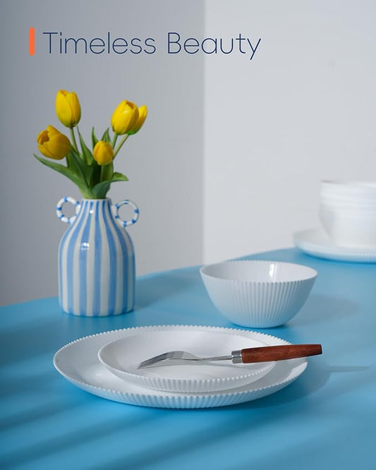 Dinnerware Sets for 4, 12 Pieces Opal Glass Plates and Bowls Set, Dishwasher and Microwave Safe Ribbed Dish Dinning Ware, Chip and Scratch Resistant Dishware, White