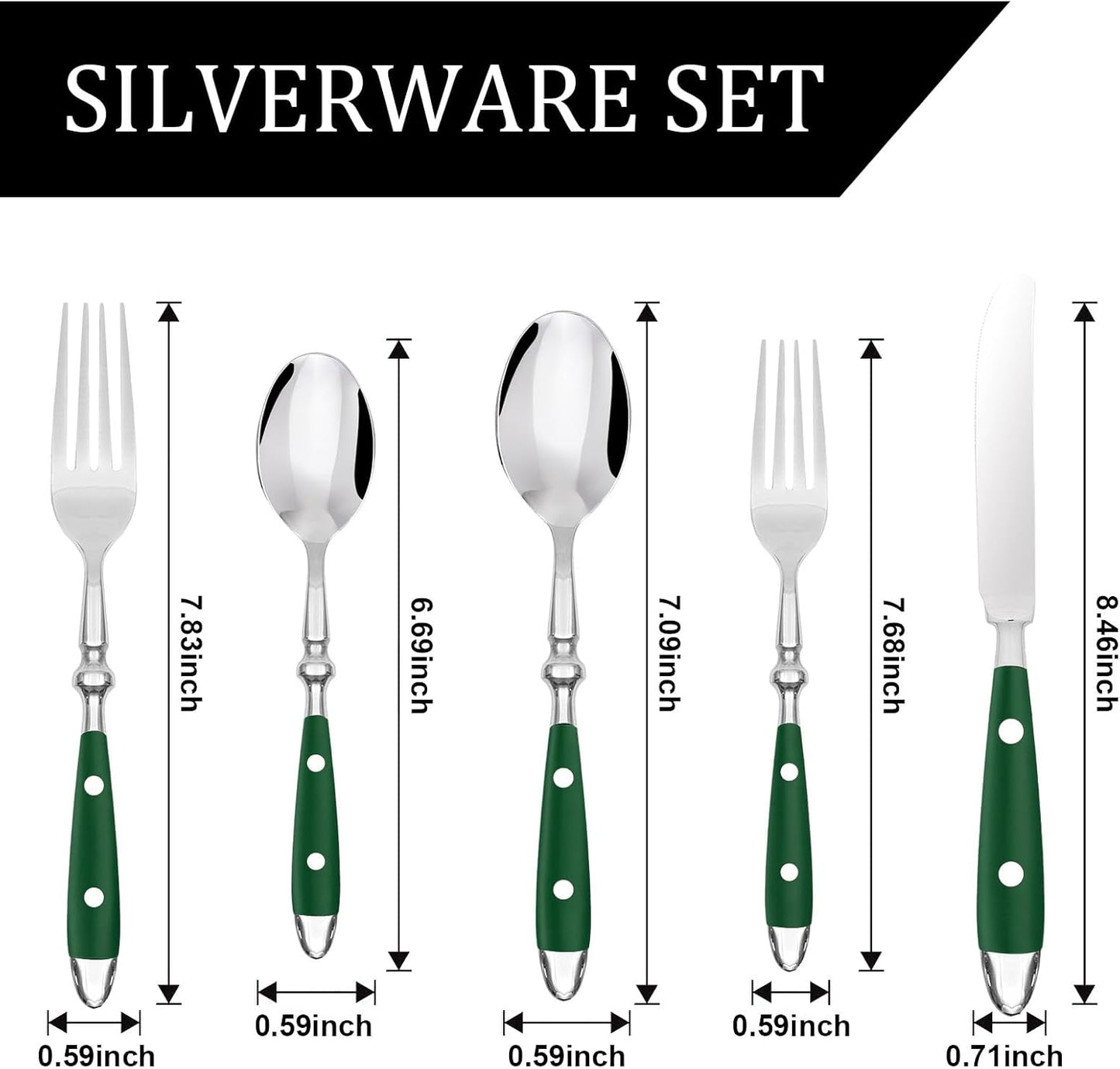 5-Piece Silverware Set, 304 Riveted Stainless Steel Flatware Set, Service for 1, Vintage Cutlery Set with Green Bakelite Handle, Mirror Polished | Rustic | Dishwasher Safe