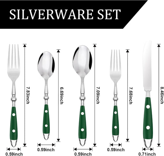 Silverware Set For 8 with Two Rivets, Vintage 40-Piece Everyday Flatware Set with Green Bakelite Handle, Stainless Steel Cutlery Set, Dishwasher Safe, Knives Spoons and Forks Set