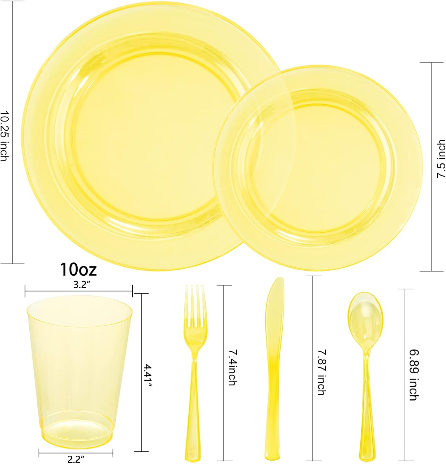 WDF 25 Guest Yellow Plastic Plates -50 Neon Clear Yellow Plates 25Forks, 25Knives,25 Spoons,25Cups for Summer