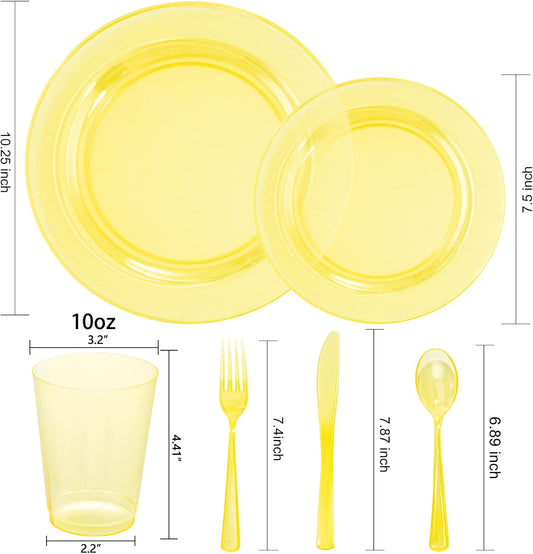 WDF 25 Guest Yellow Plastic Plates -50 Neon Clear Yellow Plates 25Forks, 25Knives,25 Spoons,25Cups for Summer