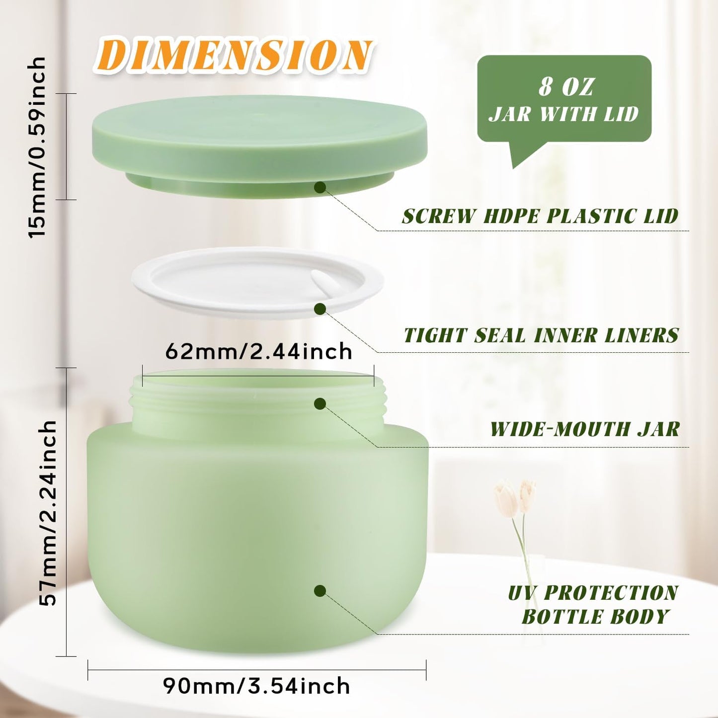 4 Pack 8 OZ Plastic Jars Round Cosmetic Container with Lids,Wide Mouth Soft Slime Jars for Lotion,Hand Cream,Ointments,Makeup,Body Butter,Rhinestone,Samples Pot Travel Make Up Storage (Green)