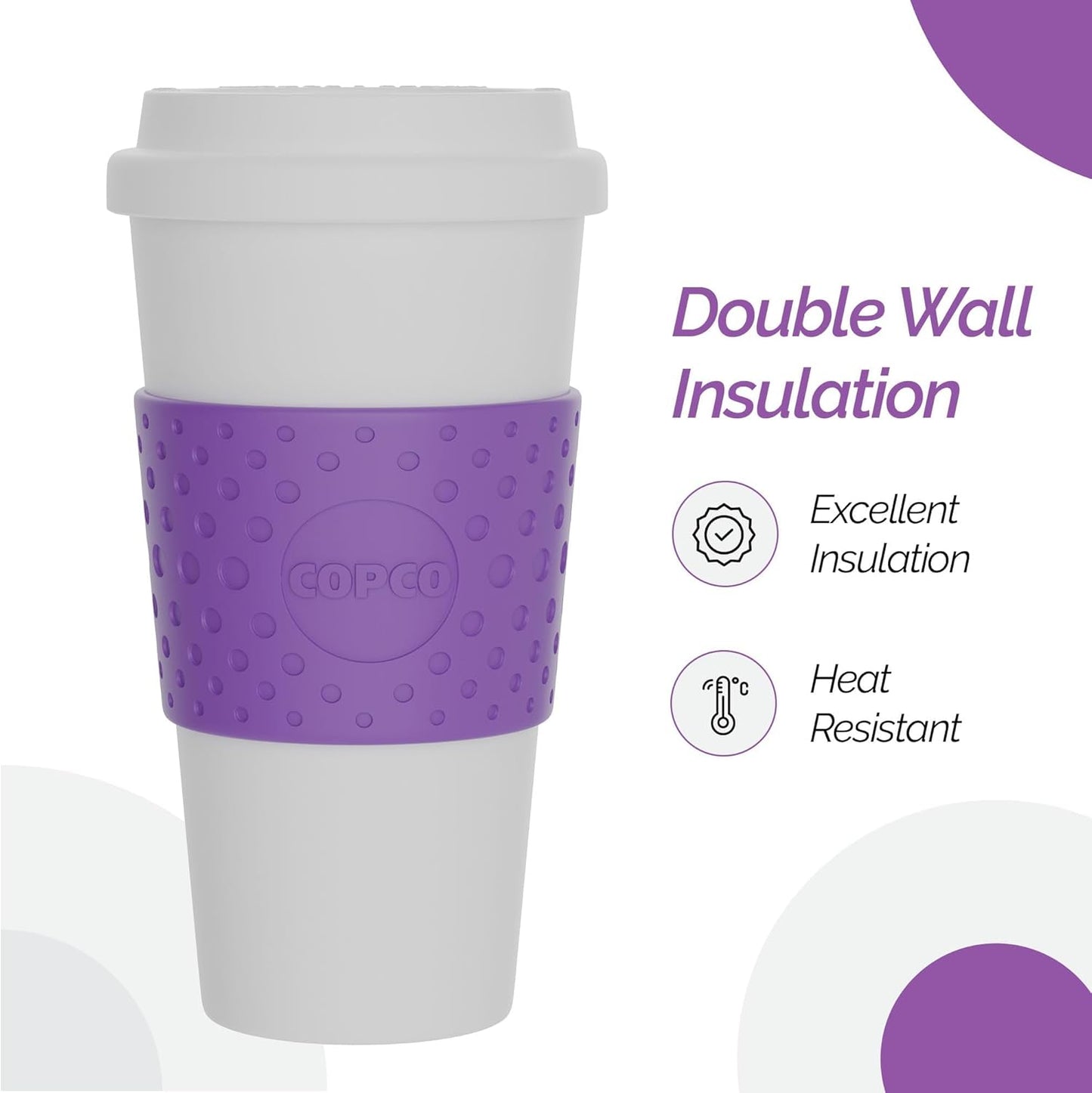 Copco Acadia 16 oz Reusable To-Go Travel Mug - BPA-Free Insulated Coffee Cup with Double-Wall Insulation, Spill-Proof Lid & Non-Slip Rubber Grip - Microwave & Dishwasher Safe (Lilac)