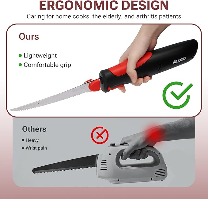 VLOXO Electric Knife for Meat Slicing, Rechargeable Electric Carving Knife with 2 Stainless Steel Blades Safety Lock Ergonomic Handle Cordless electric knives for Fish Fillet Steak Bread Turkey