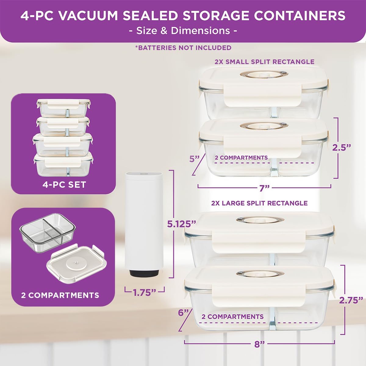 HOLDN’ STORAGE Vacuum Food Storage Containers, Set of 4 Compartment Containers & Electronic Pump - Keep Food Fresh Longer, BPA-Free Glass, Leak-Proof, Ideal for Meal Prep, Marinating