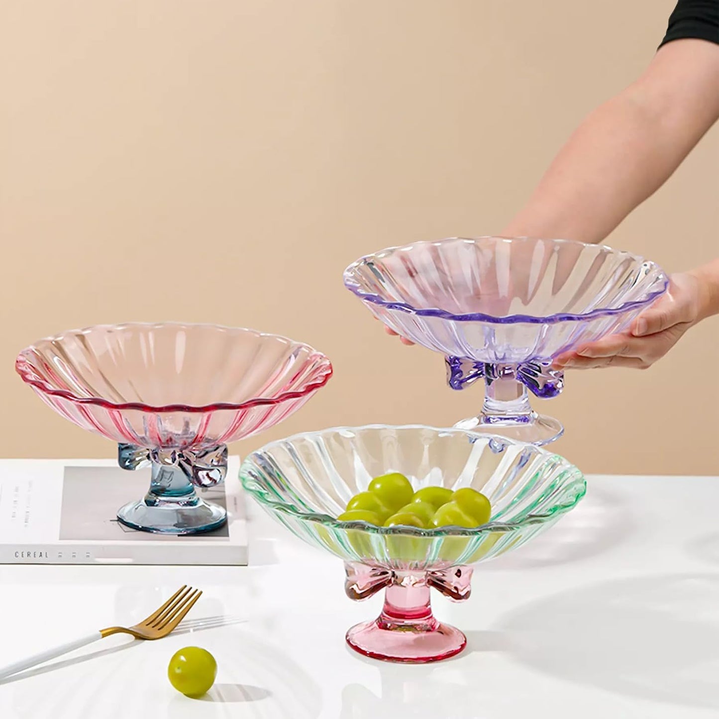 Glass Fruit Bowl. 9 inch Glass Pedestal Bowl. Elegant Bow Decoration Multicolor Salad Plate. Suitable for Fruit, Dessert, Candy, Snack & More. (Pink & Blue)