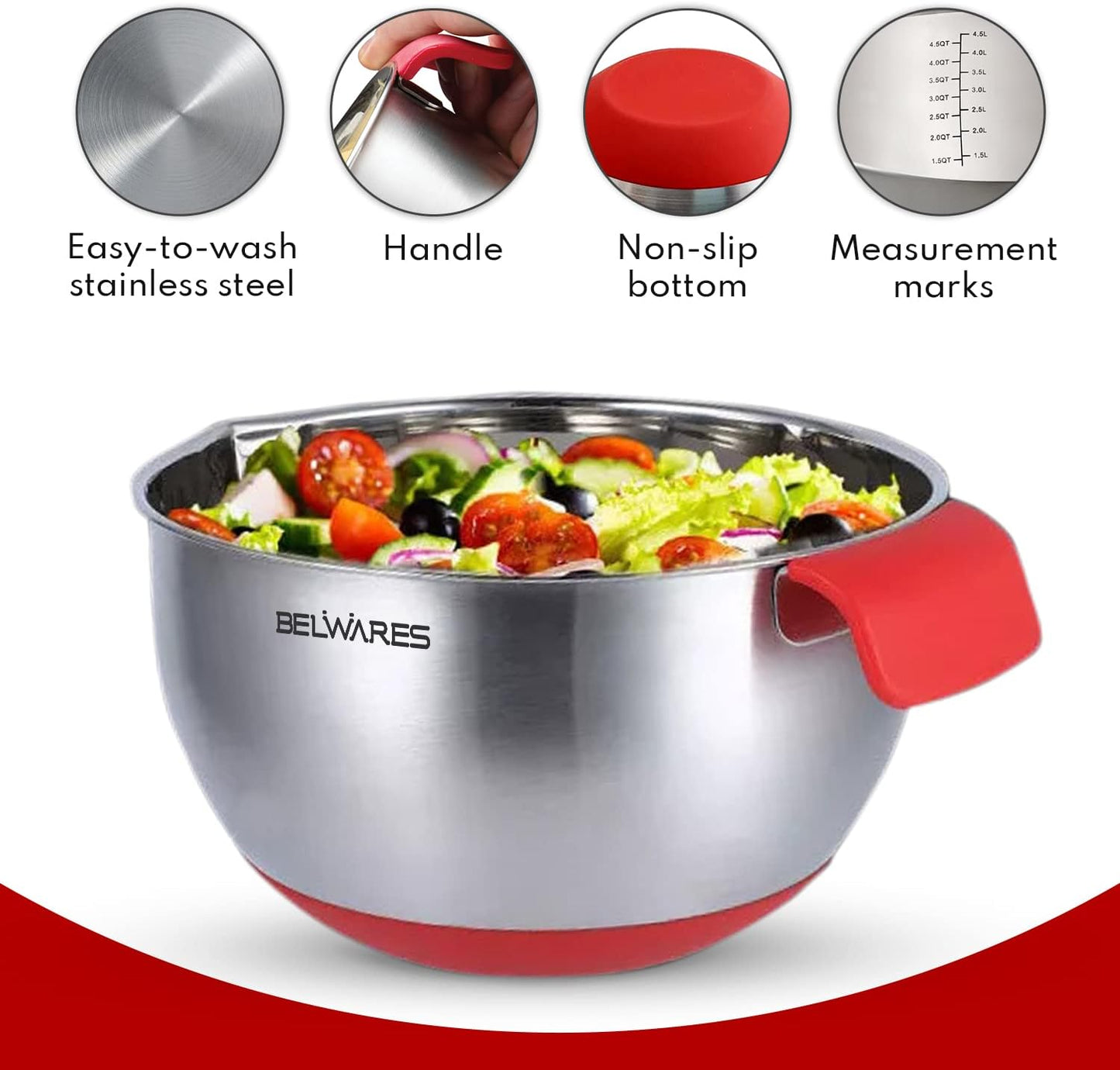 Belwares Mixing Bowls with Lids Set - 3-Piece Stainless Steel Nesting Bowls with Graters, Handles, and Airtight Lids - Non-Slip Mixing Bowls for Cooking, Baking, Prepping, and Food Storage (Red)