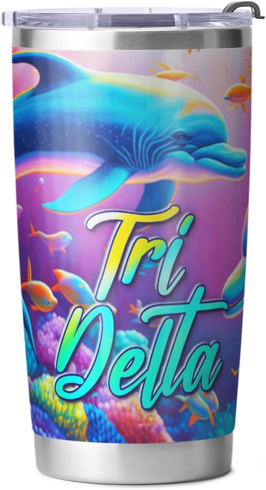 Tri Delta Sorority Paraphernalia - Official Vendor - 20 oz Stainless Steel Insulated Sublimation Tumblers - Underwater Dolphins