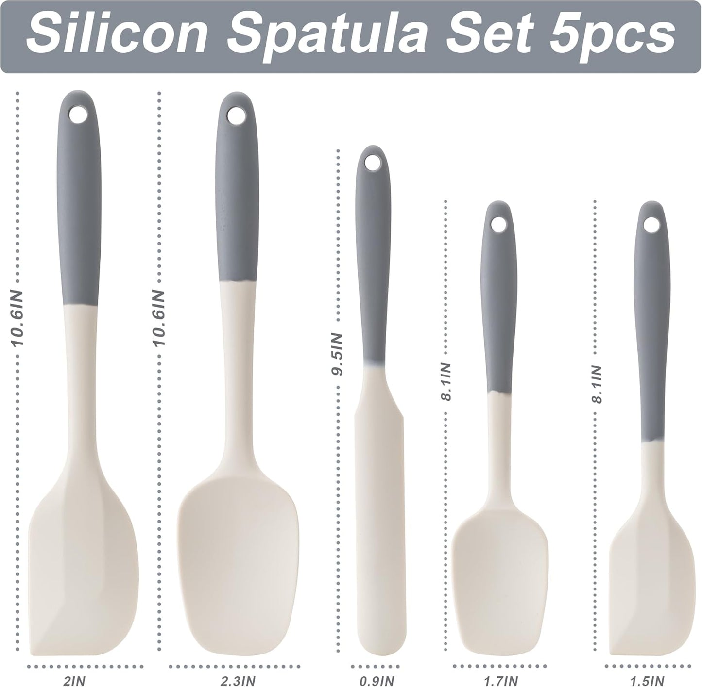 Silicone Spatula Set, 5 Piece Food Grade Rubber Spatulas for Baking, Cooking, and Mixing High Heat Resistant Non Stick Dishwasher Safe BPA-Free (Gray+White)