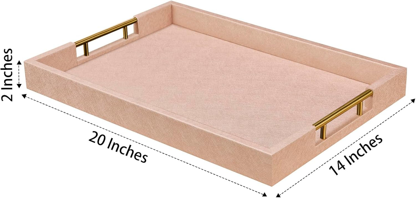 14x20 Inches Champagne Faux Leather Wrapped Wood Serving Tray with Metal Handles for Various Occasions, Ottoman, Home Decorative, Living Room, Coffee Table Organizer, Serving Breakfast On Bed