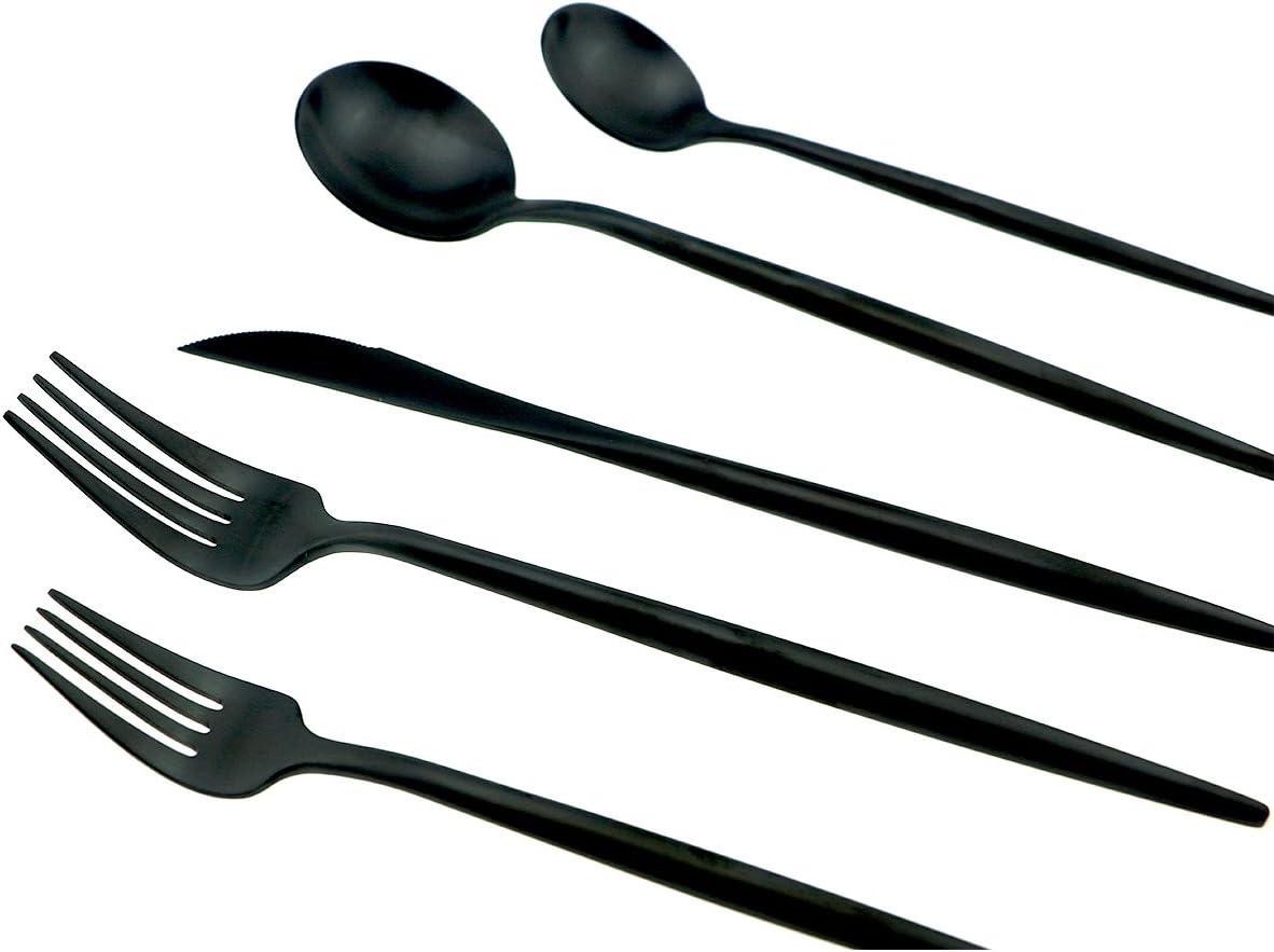 JASHII 18/10 Stainless Steel 5-Piece Matte Black Flatware Set,Dinner Knife Fork Salad Fork Dessert Spoon, Service for 1, Luxury Silverware Cutlery Utensil Sets
