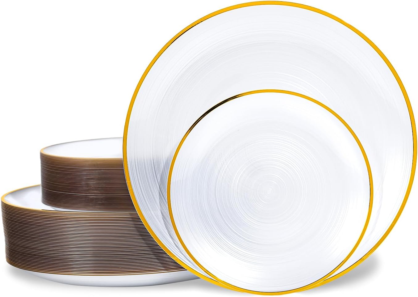 100PCS Pearl White Plastic Plates-Crystal Design Disposable Plates with Gold Rim, Fancy Disposable Plates Include 50 White Dinner Plate and 50 Dessert/Salad Plate for Party & Wedding