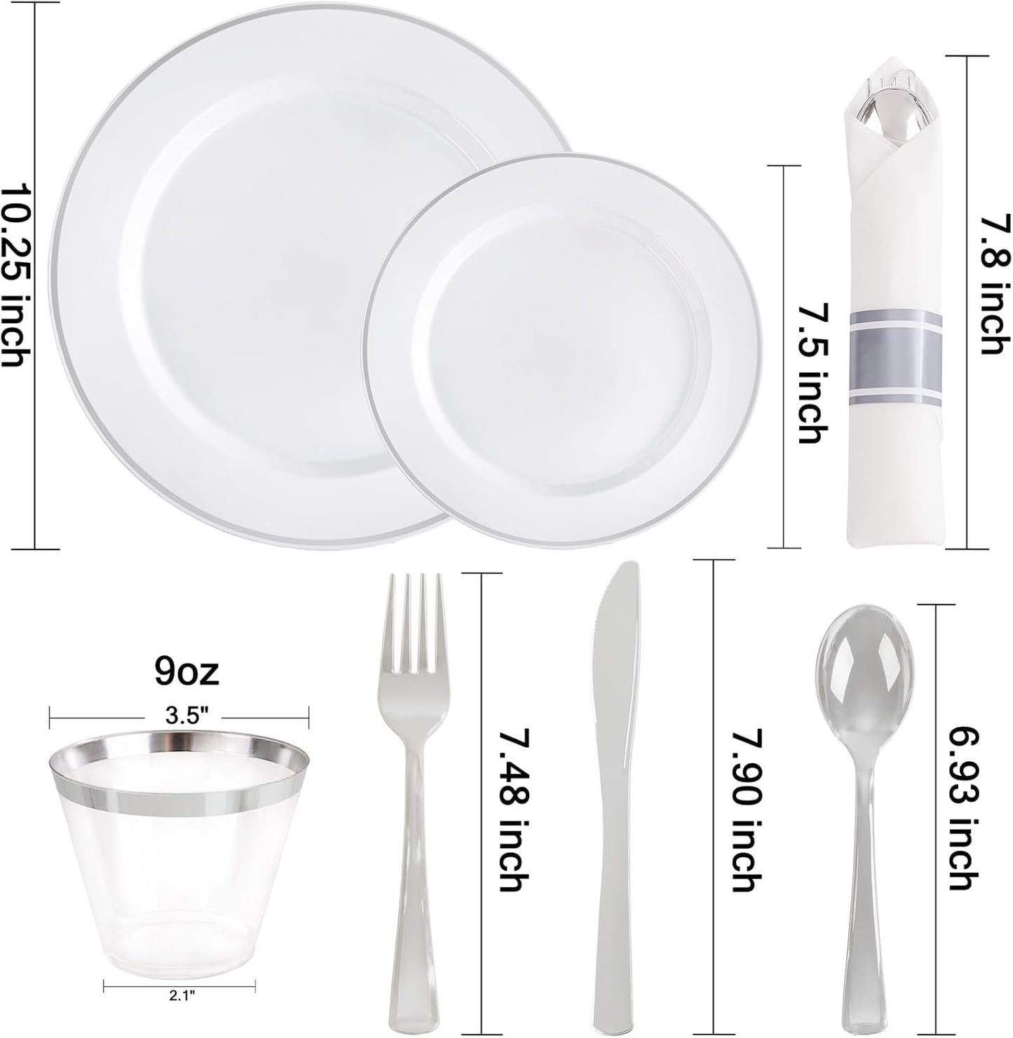 SUT 350 Pcs Silver Plastic Dinnerware Set for 50 Guests, Include: 50 Dinner Plates, 50 Dessert Plates, 50 Pre Rolled Napkins with Silver Silverware, 50 Cups, disposable plates for wedding, party