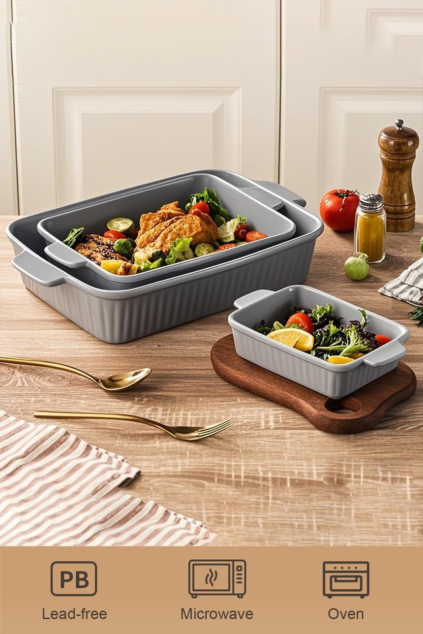 Yachi Ceramic Baking Pan Casserole Dish Set of 3 Pcs Rectangular Bakeware Set Baking Pan with Handle for Steak Beef Roast Chicken spaghetti Lasagna vegetables Microwave, Oven and Dishwasher Safe (Gray)
