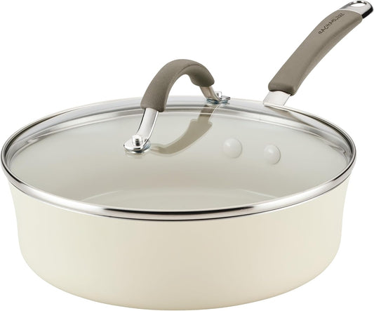 Rachael Ray Cucina Ceramic Nonstick Saute Pan with Lid, 3 Quart Non Stick Sauteuse Pan, Dishwasher Safe - Almond