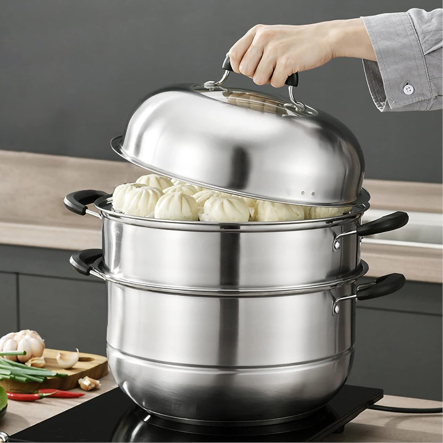 MANO Steamer Pot for Cooking 12.6 inch Steam Pots with Lid 2-tier Stainless Steel Steaming Pot Multipurpose Cookware with Handle for Vegetable, Dumpling, Stock, Sauce, Food…