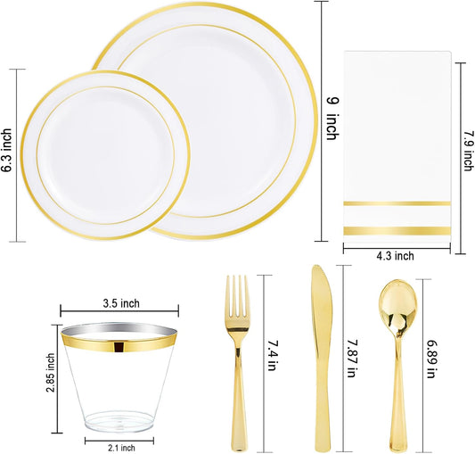 NOCCUR 700PCS Gold Plastic Plates - Gold Disposable Dinnerware Set for 100 - Include 200 Dinner/Dessert Plates, 300 Cutlery, 100 Cups, 100 Napkins, Idea for Wedding/Party/Thanksgiving