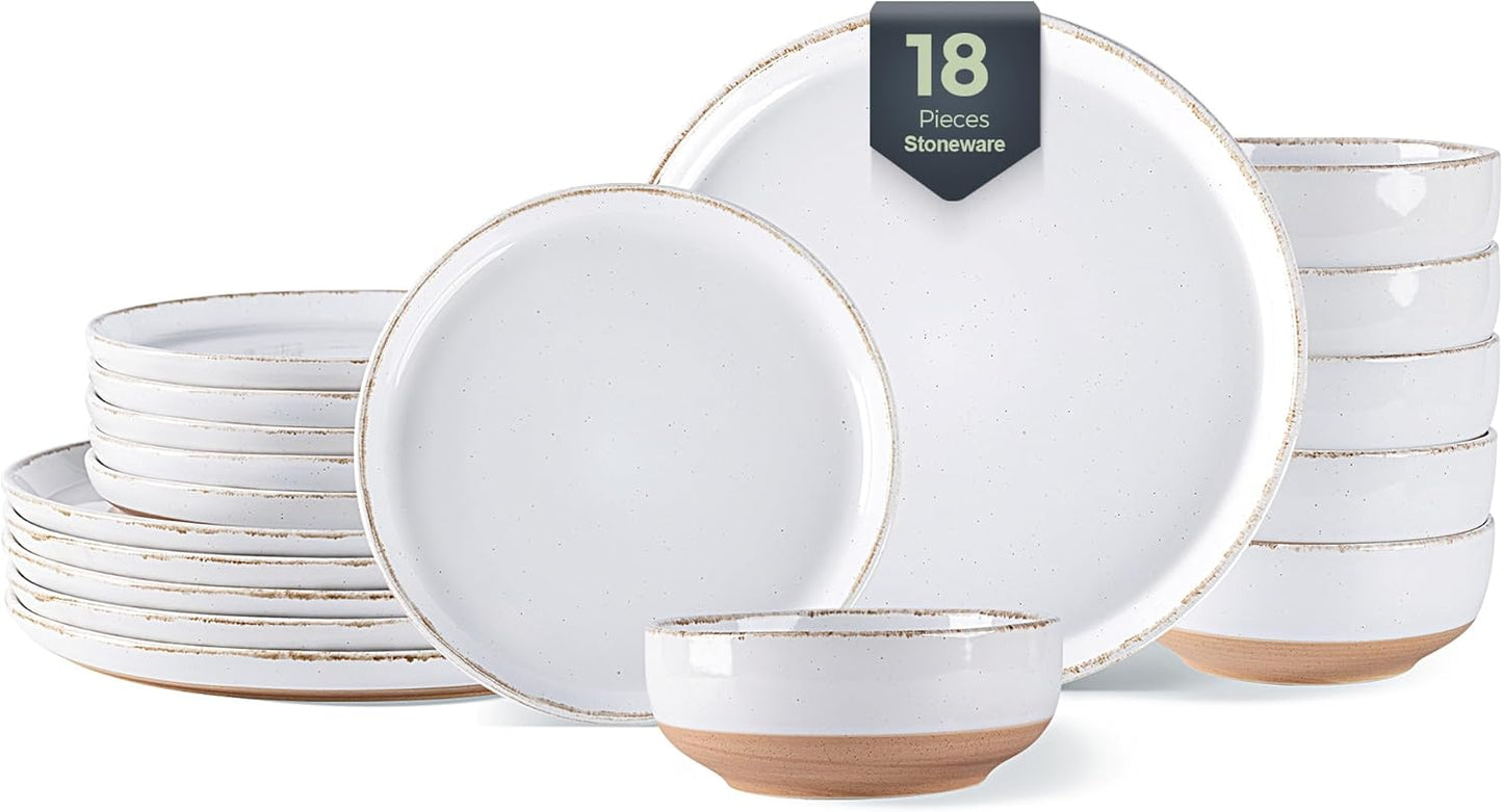 AmorArc 18 Pieces Ceramic Dinnerware Sets for 6, Handpainted Stoneware Plates and Bowls Set with Rustic Terracotta Underside, Scratch Resistant Dishes Set, Dishwasher & Microwave Safe, White