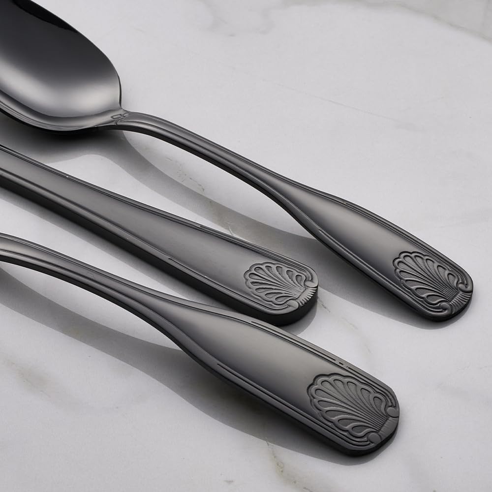 20-Piece Matte Black Flatware Set for 4, 18/0 Stainless Steel Cutlery Set with Shell Design, Dishwasher-Safe Silverware for Dinner Party, Holiday & Daily Use