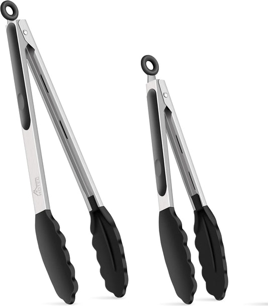 HOTEC Premium 7 & 9 Inch Kitchen Tongs, Stainless Steel Locking Cooking Tongs with Silicone Tips, Non-Scratch & Heat Resistant, Serving Tongs for Salad, BBQ, Black, Set of 2