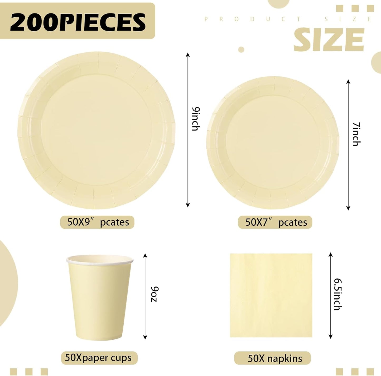 Tioncy 200 Pcs Disposable Paper Plates Cups and Napkins Party Supplies Serve 50 Guests Disposable Paper Dinnerware Set for Halloween Birthday Wedding Baby Shower Family Picnic(Yellow)